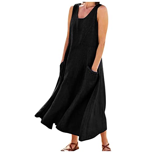 Maxikleid Damen Sommer Locker Sommerkleid Lang Elegant Kleider A Linie Ärmellos Strandkleid Boho Tank Tunika Kleid Mit Taschen Sommerkleider Frauen Leicht Luftig Freizeitkleid U Ausschnitt von FUPODD