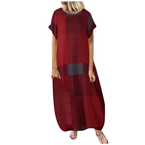 Maxikleid Damen Sommer Locker Sommerkleider Leicht Und Luftig Sommerkleid Lang A Linien Elegant Strandkleid Tunika Kleid Kurzarm Ballonkleid Maxi Kleider Frauen Große Größen Blusenkleid Retro von FUPODD