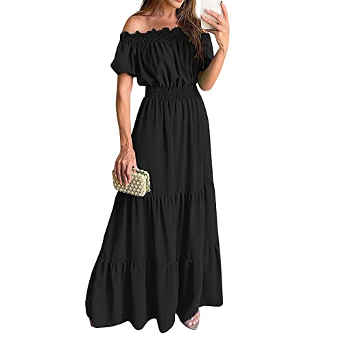 Maxikleid Damen Sommer Off Shoulder Sommerkleid Lang Rüschen A Linien Elegant Sommerkleider Leicht Luftig Kleid Maxi Volant Kleider Frauen Schulterfrei Strandkleid Casual Cocktailkleid Party von FUPODD