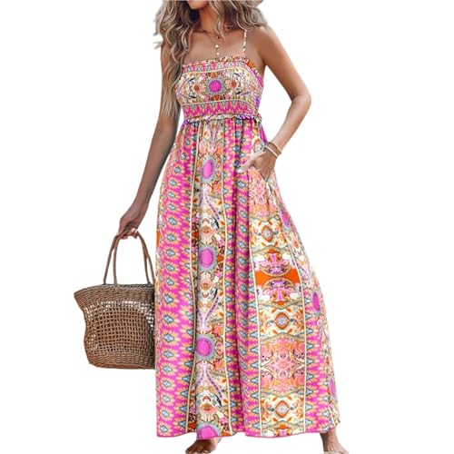 Maxikleid Damen Sommer Spaghettiträger Boho Langes Sommerkleid Damen Elegant A Linie Lang Trägerkleid mit Taschen Sommerkleider Leicht Und Luftig Gesmoktes Kleider Frauen Strandkleid Bohemian von FUPODD
