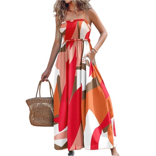 Maxikleid Damen Sommer Spaghettiträger Boho Langes Sommerkleid Damen Elegant A Linie Lang Trägerkleid mit Taschen Sommerkleider Leicht Und Luftig Gesmoktes Kleider Frauen Strandkleid Bohemian von FUPODD