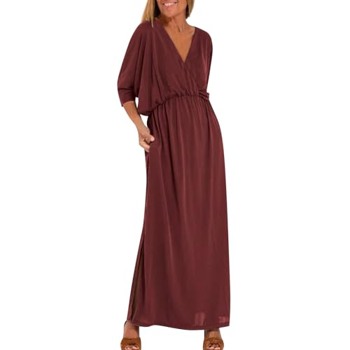 Maxikleid Damen Sommer mit Ärmeln Elegant Sommerkleider Lang V Ausschnitt Kleider A Linie Gummibund Sommerkleid Damen Leicht Und Luftig Kleid Frauen Halbarm Luftige Freizeitkleid Einfarbig von FUPODD