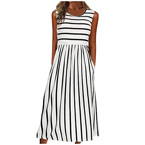 Maxikleid Gestreift Damen Lang A Linie Sommerkleider Leicht Luftig Elegant Sommer Kleider Lange Ärmellos Sommerkleid Mit Taschen Strandkleid Frauen Locker Damenkleider Rundhals Kleid Lässig von FUPODD