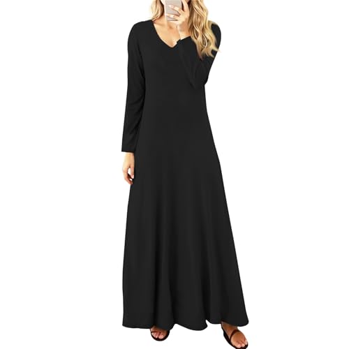 Maxikleider Damen Langarm V Ausschnitt Frühlingskleid Elegant Herbstkleid Lang A-Linien Kleid Maxi Locker Kleider Frauen Schwangere Einfarbig Pulloverkleid Freizeit Alltag Maxikleid Frühling von FUPODD