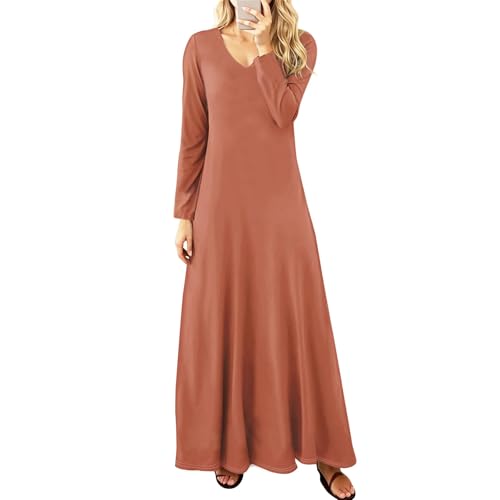 Maxikleider Damen Langarm V Ausschnitt Frühlingskleid Elegant Herbstkleid Lang A-Linien Kleid Maxi Locker Kleider Frauen Schwangere Einfarbig Pulloverkleid Freizeit Alltag Maxikleid Frühling von FUPODD