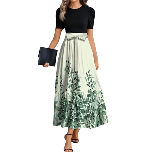 Maxikleider Damen Sommer Bohemian Kleid Elegant Damen Festlich Blumen Volant-Kleid Maxi Empirestil Skaterkleid Mit Ärmel Volantkleider A-Linien High Waist Binden Blumenkleid Kurzarm Schwingen von FUPODD