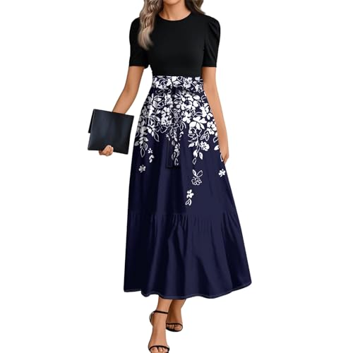Maxikleider Damen Sommer Bohemian Kleid Elegant Damen Festlich Blumen Volant-Kleid Maxi Empirestil Skaterkleid Mit Ärmel Volantkleider A-Linien High Waist Binden Blumenkleid Kurzarm Schwingen von FUPODD