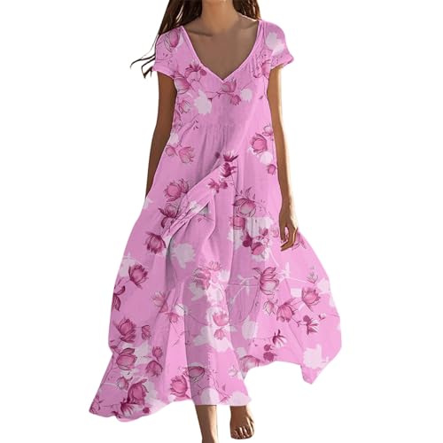 Maxikleider Damen Sommer Elegant Blumenkleid V Ausschnitt Kurzarm Sommerkleid Damen Lang A Linie Rüschen Kleider Maxi Blumen Sommerkleider Leicht Und Luftig Strandkleid Boho Kleid Lockeres von FUPODD