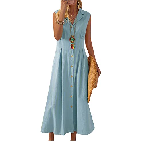 Maxikleider Damen Sommer Elegant Hemdblusenkleid Mit Knopfleiste Sommerkleid Lang A Linie Tunika Kleid V Ausschnitt Blusenkleid Boho Sommerkleider Frauen Leicht Und Luftig Hemdkleid Ärmellos von FUPODD