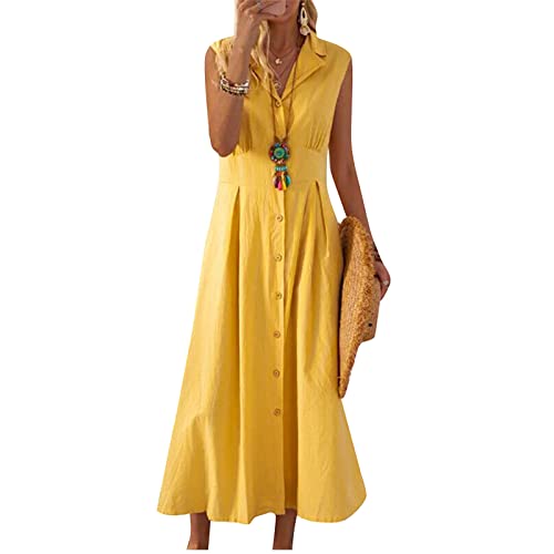 Maxikleider Damen Sommer Elegant Hemdblusenkleid Mit Knopfleiste Sommerkleid Lang A Linie Tunika Kleid V Ausschnitt Blusenkleid Boho Sommerkleider Frauen Leicht Und Luftig Hemdkleid Ärmellos von FUPODD