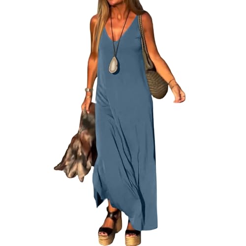 Maxikleider Damen Sommer Elegant Kleider Ärmellos Sommerkleid Damen Lang A Linie Luftige Tank Kleid V Ausschnitt Sommerkleider Leicht Und Luftig Einfarbig Freizeitkleid Maxi Strandkleid Weite von FUPODD
