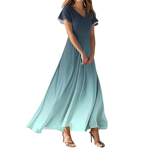 Maxikleider Damen Sommer Hohe Taille Floral Sommerkleid Blumenmuster Kleider Luftiges Tunika Kleid Flatterndem Ibiza Sommerkleider Leicht Luftig Weit Skaterkleid Party Strandkleid Farbverlauf von FUPODD
