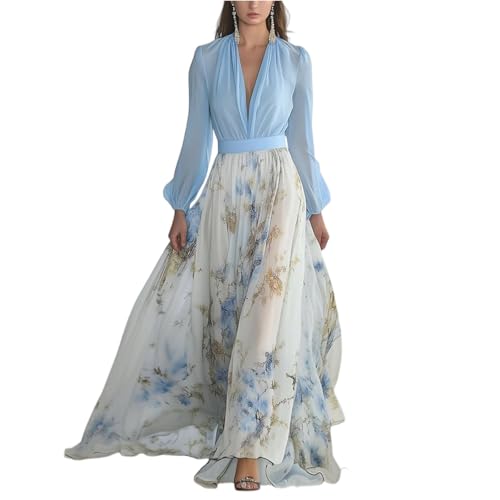 Maxikleider Damen Sommer Mit Ärmel Elegant Blumen Festliche Kleider Lang A Linie Kleid Hochzeitsgast Abendkleid Tailliert Cocktailkleid Festlich Wickelkleid V Ausschnitt Blumenkleid Frauen von FUPODD