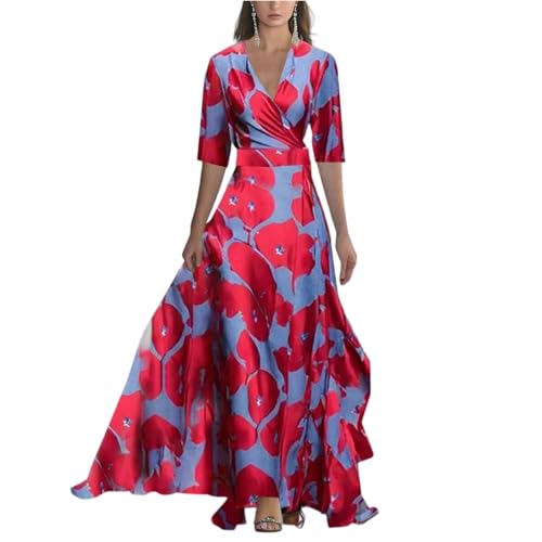 Maxikleider Damen Sommer Mit Ärmel Elegant Blumen Festliche Kleider Lang A Linie Kleid Hochzeitsgast Abendkleid Tailliert Cocktailkleid Festlich Wickelkleid V Ausschnitt Blumenkleid Frauen von FUPODD