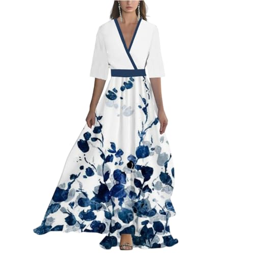 Maxikleider Damen Sommer Mit Ärmel Elegant Blumen Festliche Kleider Lang A Linie Kleid Hochzeitsgast Abendkleid Tailliert Cocktailkleid Festlich Wickelkleid V Ausschnitt Blumenkleid Frauen von FUPODD