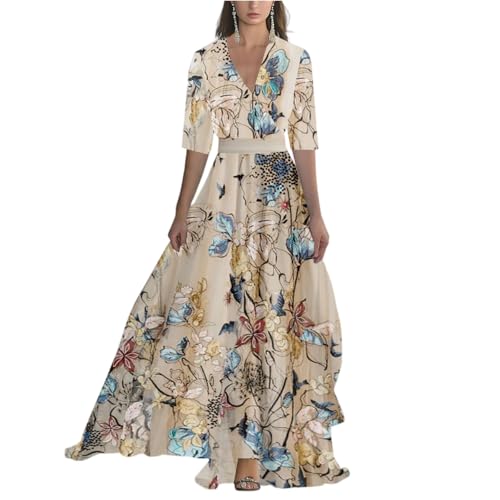 Maxikleider Damen Sommer Mit Ärmel Elegant Blumen Festliche Kleider Lang A Linie Kleid Hochzeitsgast Abendkleid Tailliert Cocktailkleid Festlich Wickelkleid V Ausschnitt Blumenkleid Frauen von FUPODD