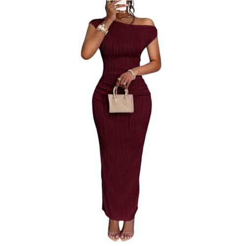 Maxikleider Damen Sommer Slope Schulter Eng Cocktailkleid Schlankmachende Sommerkleid Lang Curvy Kleider Party Abendkleider Elegant Für Hochzeit Sommerkleider Frauen Leicht Kleid Geripptes von FUPODD