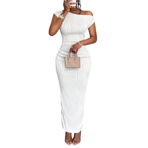 Maxikleider Damen Sommer Slope Schulter Eng Cocktailkleid Schlankmachende Sommerkleid Lang Curvy Kleider Party Abendkleider Elegant Für Hochzeit Sommerkleider Frauen Leicht Kleid Geripptes von FUPODD