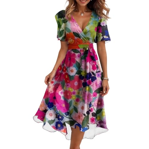Midi Kleid Damen Sommer Blumen A Linie Sommerkleid Lang Elegant Musselin Wickelkleid V Ausschnitt Italienische Kleider Kurzarm Sommerkleider Leicht Und Luftig Blumenkleid Ibiza Strandkleid von FUPODD