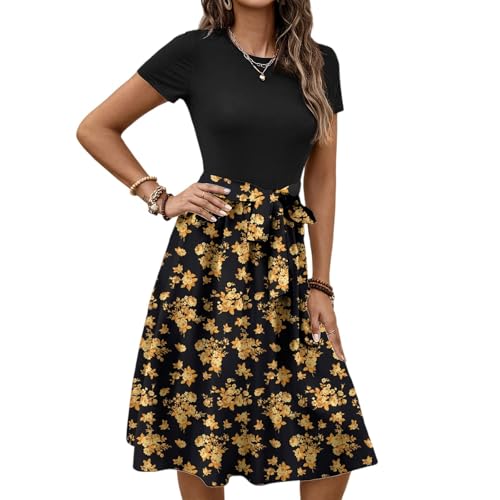 Midi Kleid Damen Sommer Sommerkleid Schick Dünne Kleider Schöne Freizeitkleider Strand Freizeit Lässig Oben Eng Unten Locker Rock Freizeitkleid Round-Ausschnitt Freizeitrock Ibiza Festkleid von FUPODD