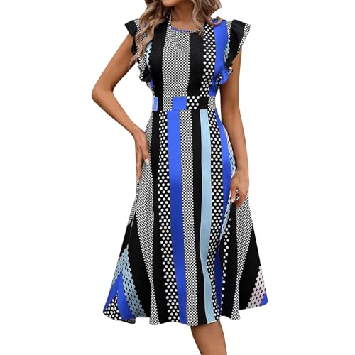 Midikleid Damen Elegant A Linie Sommerkleid Midi Punkte Gestreift Sommerkleider Damen Leicht Und Luftig Lang Italienische Kleider Sommer Volantärmeln Farbblock Schick Kleid Frauen Gepunktet von FUPODD