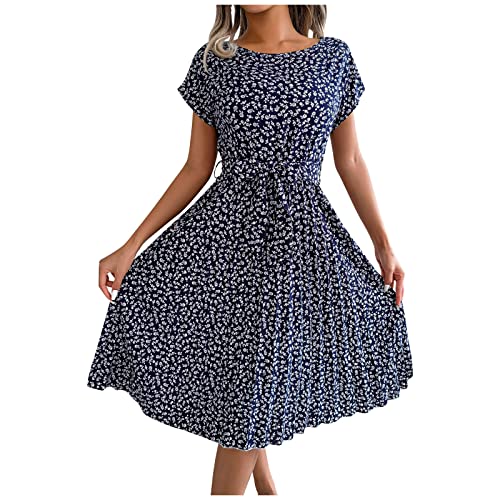 Midikleid Damen Elegant Blumen Sommerkleider Leicht Und Luftig Plissee Damenkleider mit Gürtel Blusenkleid Sommer Midi Kurzarm Faltenkleid Frauen Lang Geblümt Strandkleid Casual Blumenkleid von FUPODD