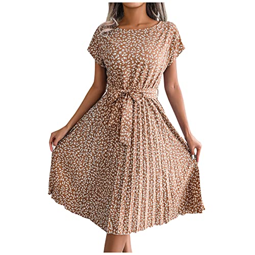 Midikleid Damen Elegant Blumen Sommerkleider Leicht Und Luftig Plissee Damenkleider mit Gürtel Blusenkleid Sommer Midi Kurzarm Faltenkleid Frauen Lang Geblümt Strandkleid Casual Blumenkleid von FUPODD