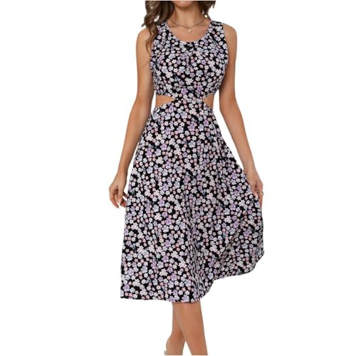 Midikleid Damen Elegant Cut Out Blumenkleid Ärmellos Sommerkleid Damen A Linie Geblümt Boho Kleid Sommer Italienische Kleider Midi Blumen Sommerkleider Frauen Leicht Und Luftig Strandkleid von FUPODD