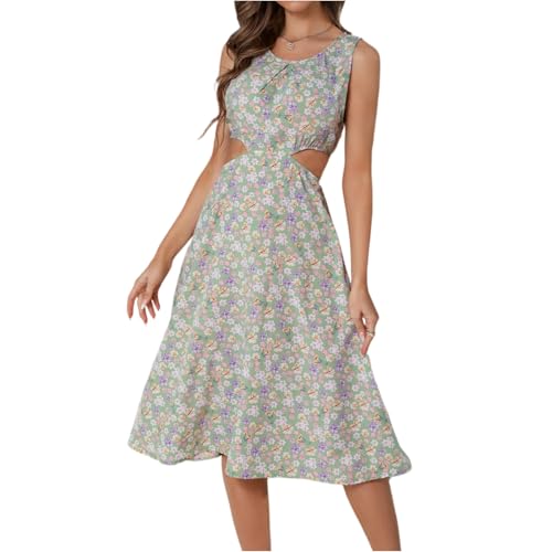 Midikleid Damen Elegant Cut Out Blumenkleid Ärmellos Sommerkleid Damen A Linie Geblümt Boho Kleid Sommer Italienische Kleider Midi Blumen Sommerkleider Frauen Leicht Und Luftig Strandkleid von FUPODD