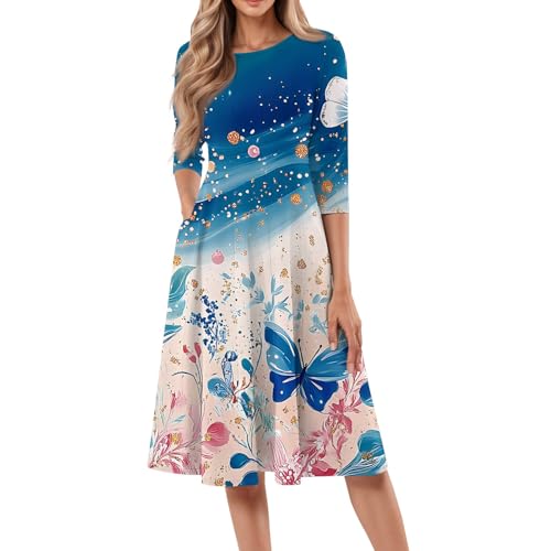 Midikleid Damen Elegant Sommerkleid Damen Knielang A-Linien Kleider Sommer Kleid Mit Taschen Sommerkleider Frauen Leicht Und Luftig Freizeit Strandkleid Blumen Midi Damenkleider 3/4 Ärmel von FUPODD