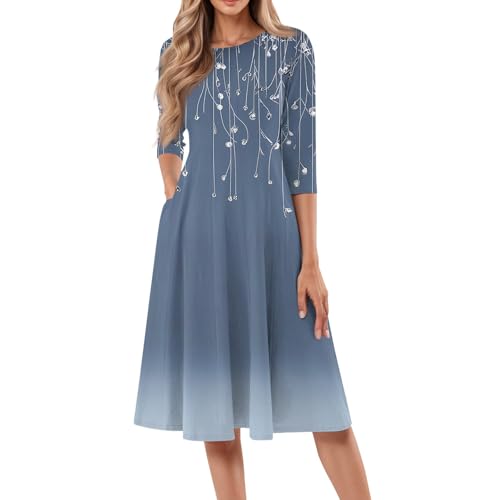 Midikleid Damen Elegant Sommerkleid Damen Knielang A-Linien Kleider Sommer Kleid Mit Taschen Sommerkleider Frauen Leicht Und Luftig Freizeit Strandkleid Blumen Midi Damenkleider 3/4 Ärmel von FUPODD