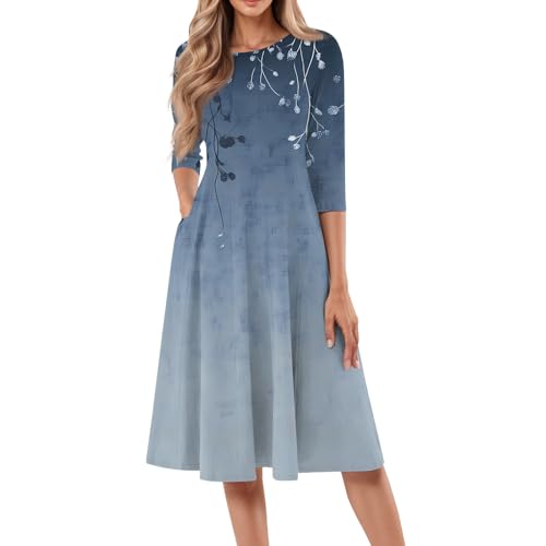 Midikleid Damen Elegant Sommerkleid Damen Knielang A-Linien Kleider Sommer Kleid Mit Taschen Sommerkleider Frauen Leicht Und Luftig Freizeit Strandkleid Blumen Midi Damenkleider 3/4 Ärmel von FUPODD