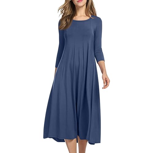 Midikleid Damen Kleider Sommer Tunika Kleid A Linie Elegant Sommerkleid Frauen Midi Schwingen Einfarbig Sommerkleider Damen Leicht Und Luftig Strandkleid Lang Plisseekleid Dreiviertel Ärmel von FUPODD