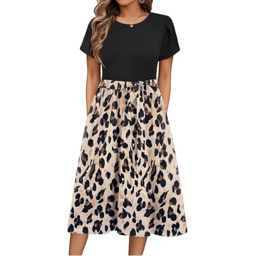 Midikleid Damen Sommer Elegant Kleid Kurzarm Sommerkleid Damen Midi A Linie Mit Gürtel Kleider Knielang Sommerkleider Frauen Leicht Und Luftig Strandkleid Casual Blumen Damenkleider Tailliert von FUPODD