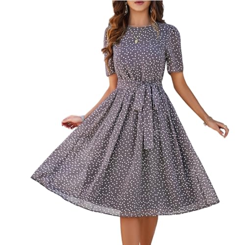 Midikleid Damen Sommer Punkte Chiffonkleid Elegant A Linie Sommerkleid Frauen Midi Kurzarm Italienische Kleider Gepunktet Kleid Chiffon Mit Gürtel Sommerkleider Leicht Und Luftig Partykleid von FUPODD