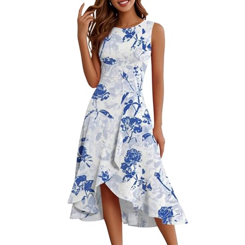 Midikleid Damen Vorne Kurz Hinten Lang Blumen Sommerkleid Elegant A Linie Rüschen Sommerkleider Damen Leicht Und Luftig Blumenkleid Sommer Ärmellos Kleid Strand Midi Kleider Frauen Rundhals von FUPODD