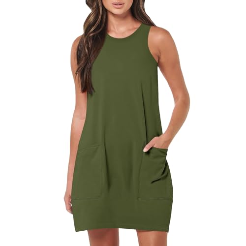 Minikleid Freizeit Kleider Damen Schick Locker Sommerkleid Damen Kurz Ärmellos Rundhals Sommerkleider Damen Leicht Und Luftig Tank Kleid Einfarbig Strandkleid Damen Sportlich Partykleid Elegant von FUPODD