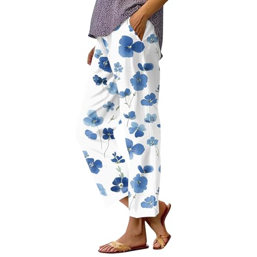 Musselin Hose Damen Mit Taschen Sommerhose Damen Leicht Stoffhose Damen Sommer Locker Freizeithose Damen Bleistifthose Plissee Hose Mit Gummizug Strandhose Schlupfhose Frauen Blumen Vintage von FUPODD