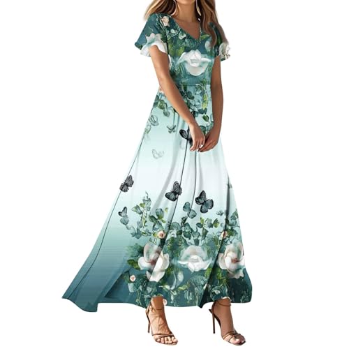 Musselin Kleid Damen Sommer Freizeitkleid Maxi Kleider Grünes Sommerkleid Ärmel Kurz Sommerkleider Einfarbig Maxikleider Strandkleid Freizeit Damenkleider Korsett Strandtunika Mollige Frauen von FUPODD