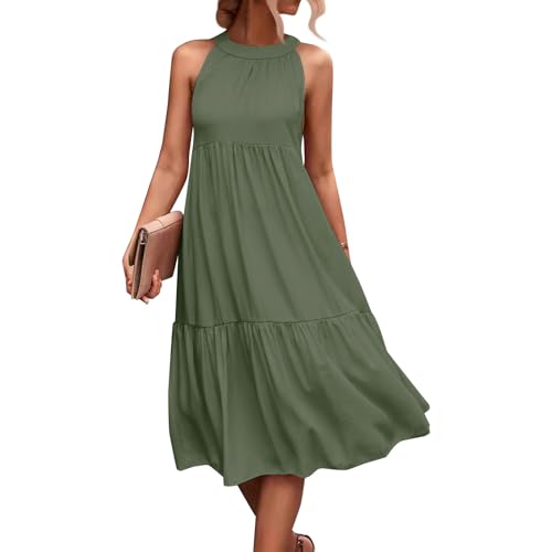 Neckholder Kleid Damen Lang Volant Kleider Sommer Elegant Ärmellos Sommerkleid Schulterfrei Damenkleider A Linie Rüschen Sommerkleider Frauen Leicht Und Luftig Strandkleid Locker Hohe Taille von FUPODD