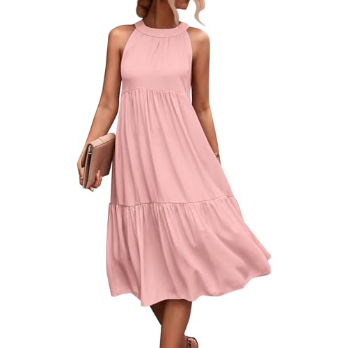 Neckholder Kleid Damen Lang Volant Kleider Sommer Elegant Ärmellos Sommerkleid Schulterfrei Damenkleider A Linie Rüschen Sommerkleider Frauen Leicht Und Luftig Strandkleid Locker Hohe Taille von FUPODD