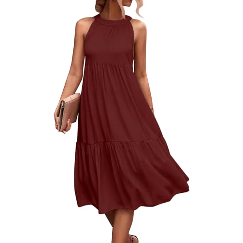 Neckholder Kleid Damen Lang Volant Kleider Sommer Elegant Ärmellos Sommerkleid Schulterfrei Damenkleider A Linie Rüschen Sommerkleider Frauen Leicht Und Luftig Strandkleid Locker Hohe Taille von FUPODD