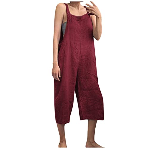Overall Damen Sommer 7/8 Länge Jumpsuit Damen Träger Baumwolle Leinen Latzhose Leicht Jumpsuits Elegant Einteiler Baggy Romper Einfarbig Playsuit Frauen Freizeit Hosenanzug Kuschelig Luftig von FUPODD