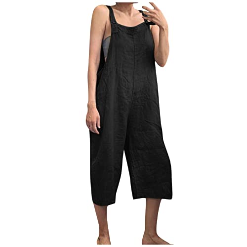 Overall Damen Sommer 7/8 Länge Jumpsuit Damen Träger Baumwolle Leinen Latzhose Leicht Jumpsuits Elegant Einteiler Baggy Romper Einfarbig Playsuit Frauen Freizeit Hosenanzug Kuschelig Luftig von FUPODD