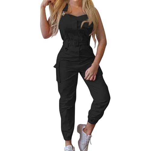 Overall Damen Sommer Lang Arbeitsoverall Cargo Latzhose Rückenfrei Arbeitshose Mit Gürtel Jumpsuit Träger Verstellbare Schnallen Jumpsuits Elegant Playsuit Mit Tasche Einteiler Frauen Luftig von FUPODD