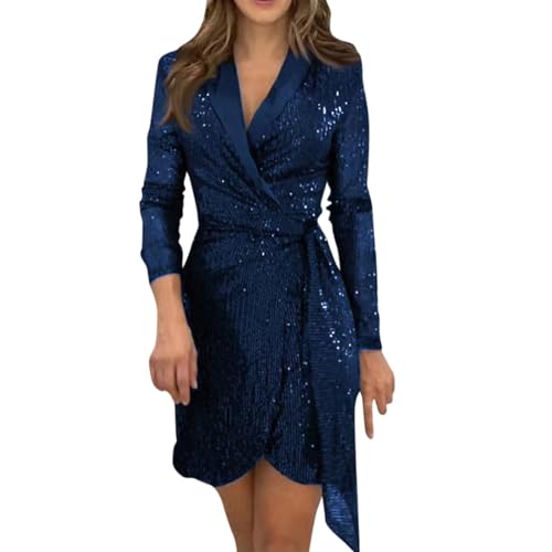 Pailettenkleider Damen Kurz V Ausschnitt Glitzerkleid Abendkleider Elegant Für Hochzeit Glitzer Abendkleid Frauen Langarm Pailetten Kleider Mit Gürtel Silvester Kleid Wickeloptik Partykleid von FUPODD