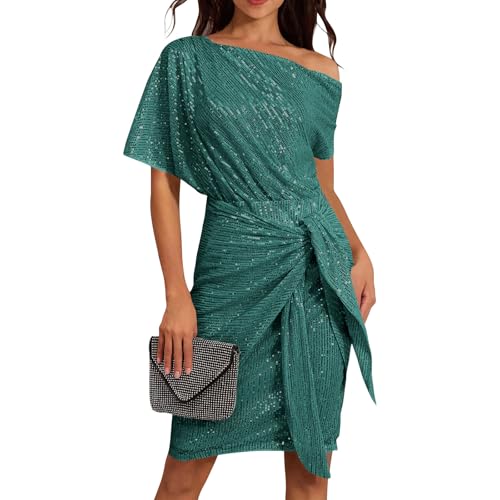 Pailettenkleider Für Damen Elegant Slope Schulter Glitzerkleid Knielang Partykleid Silvester Kleid Glitzer Wickelkleid Festliche Kleider Pailletten Cocktailkleid Frauen Hochzeit Abendkleid von FUPODD