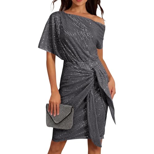 Pailettenkleider Für Damen Elegant Slope Schulter Glitzerkleid Knielang Partykleid Silvester Kleid Glitzer Wickelkleid Festliche Kleider Pailletten Cocktailkleid Frauen Hochzeit Abendkleid von FUPODD