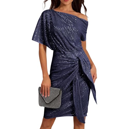 Pailettenkleider Für Damen Elegant Slope Schulter Glitzerkleid Knielang Partykleid Silvester Kleid Glitzer Wickelkleid Festliche Kleider Pailletten Cocktailkleid Frauen Hochzeit Abendkleid von FUPODD