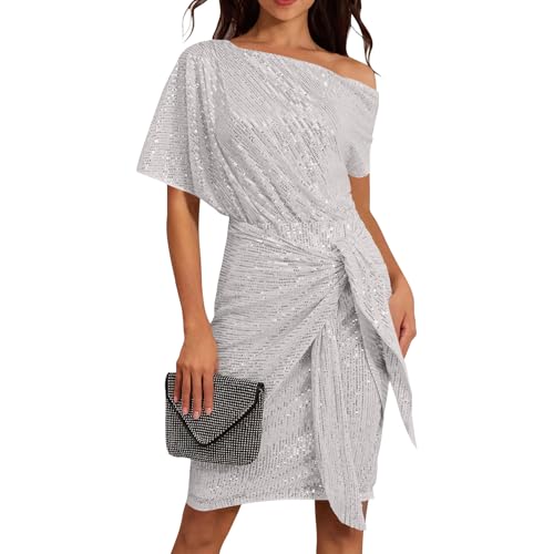Pailettenkleider Für Damen Elegant Slope Schulter Glitzerkleid Knielang Partykleid Silvester Kleid Glitzer Wickelkleid Festliche Kleider Pailletten Cocktailkleid Frauen Hochzeit Abendkleid von FUPODD